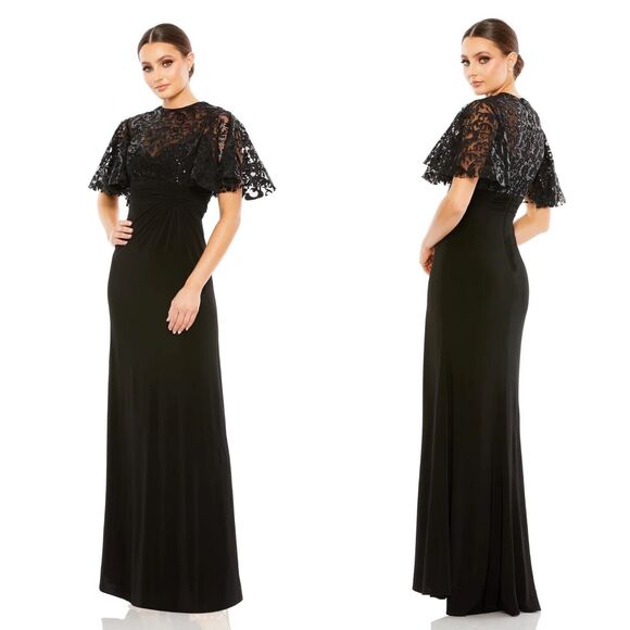 Mac Duggal Women 14 Embellished Butterfly Sleeve Gown Dress Black Sequins 68002